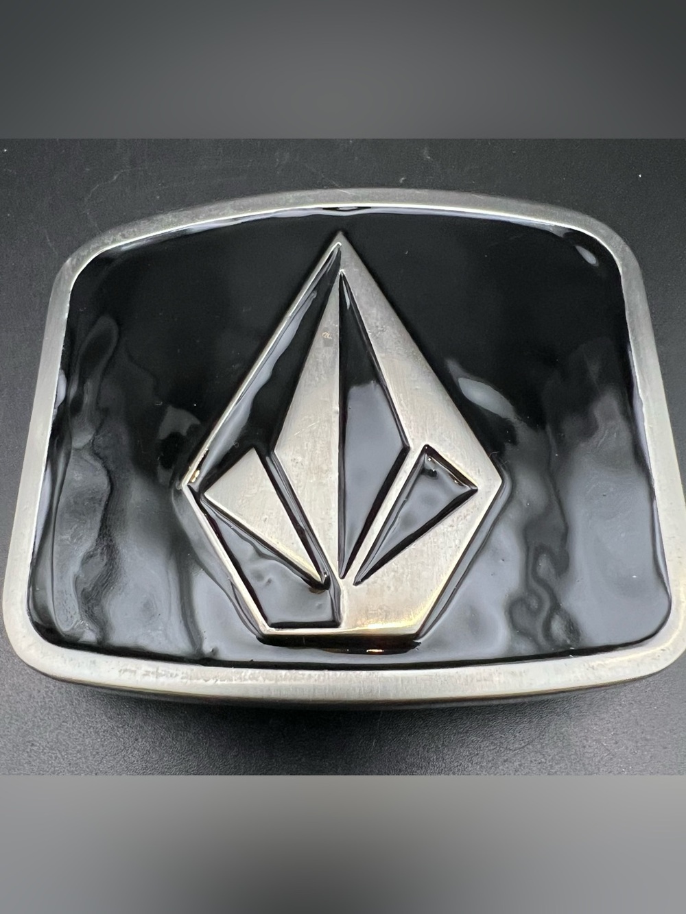 Vintage Volcom Stone Logo Belt Buckle Black Enamel Silver Skate Surf Y2K